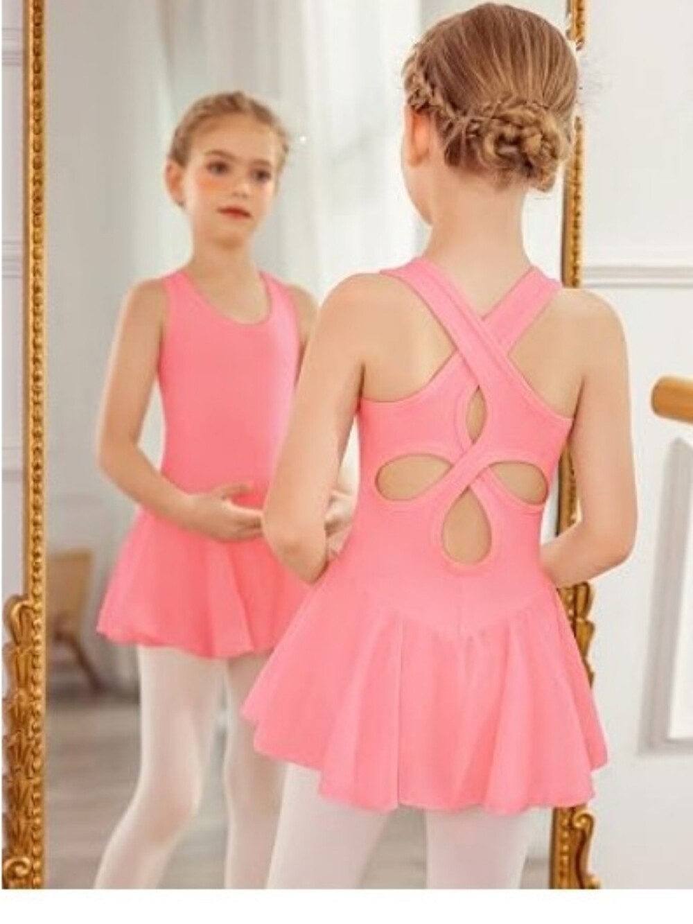 Girls Hollow Back Ballet Leotard with Skirt Sleeveless Dance Dress Pink